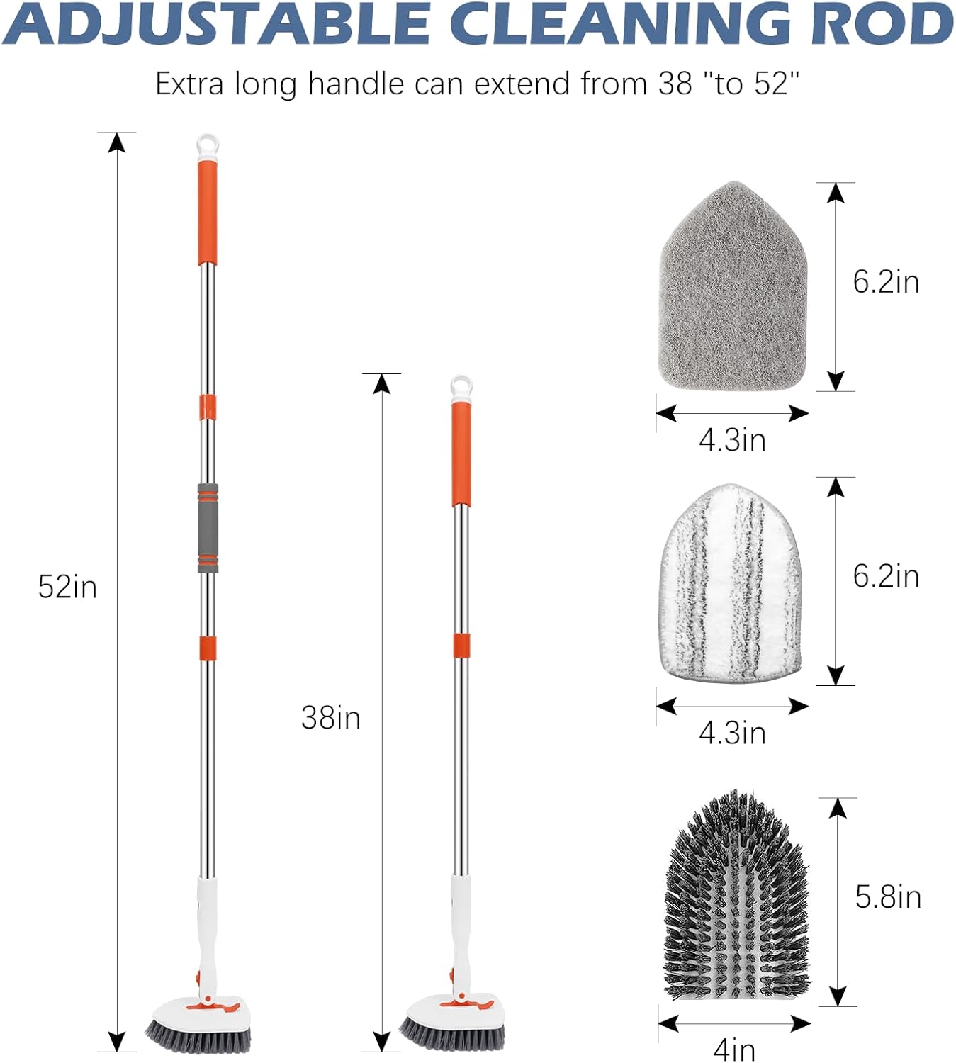SetSail Cepillo de limpieza de piso, 3 en 1 para azulejos con mango largo ajustable de 52 pulgadas, cepillo limpiador de ducha y 3 cabezales de