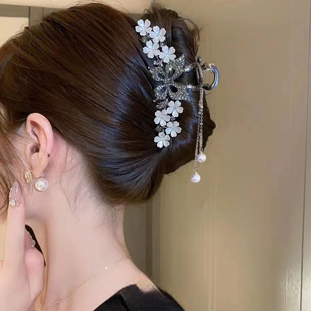 2 pinzas grandes de metal para el cabello, con diseño de mariposa y flores, borlas de flores, pinzas gruesas y largas para el cabello, pasadores,