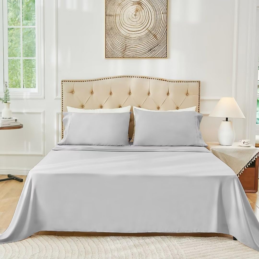 Juego de sábanas de tamaño matrimonial, color gris claro, sábanas bajeras y fundas de almohada, 4 piezas de microfibra de enfriamiento suave para
