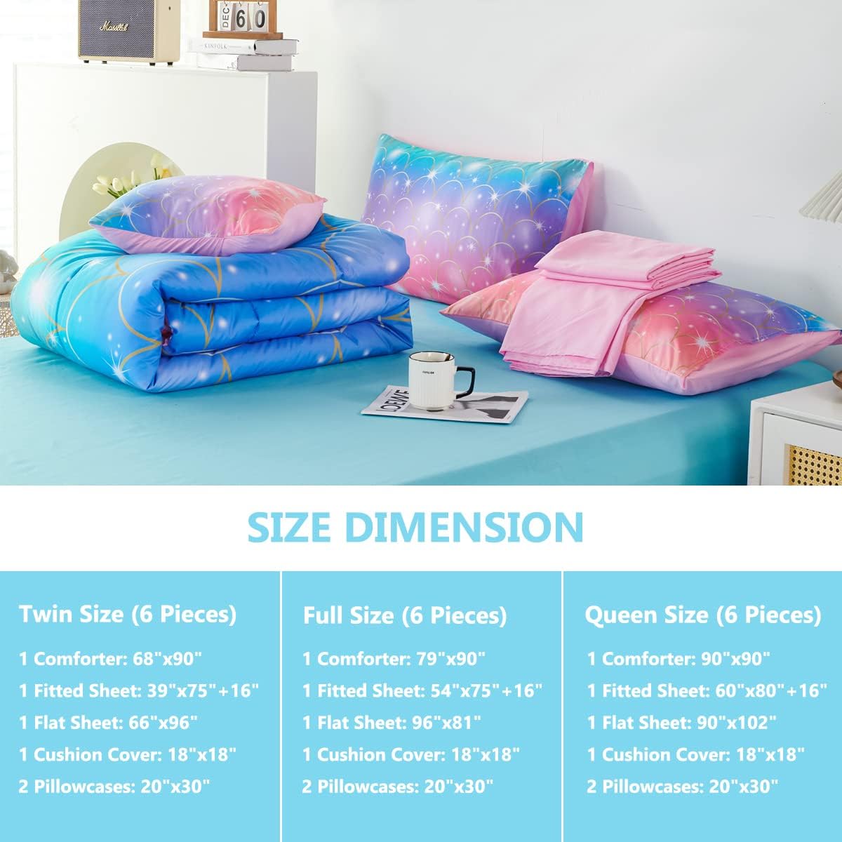 PERFEMET Juego de edredón de tamaño matrimonial con estampado de sirena para niñas, juego de ropa de cama colorido de teñido anudado para niñas