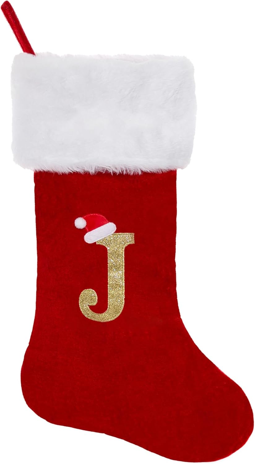 CRSTAFU Calcetines de Navidad personalizados con monograma, medias de Navidad con inicial familiar de 20 pulgadas, puño de felpa blanca súper suave