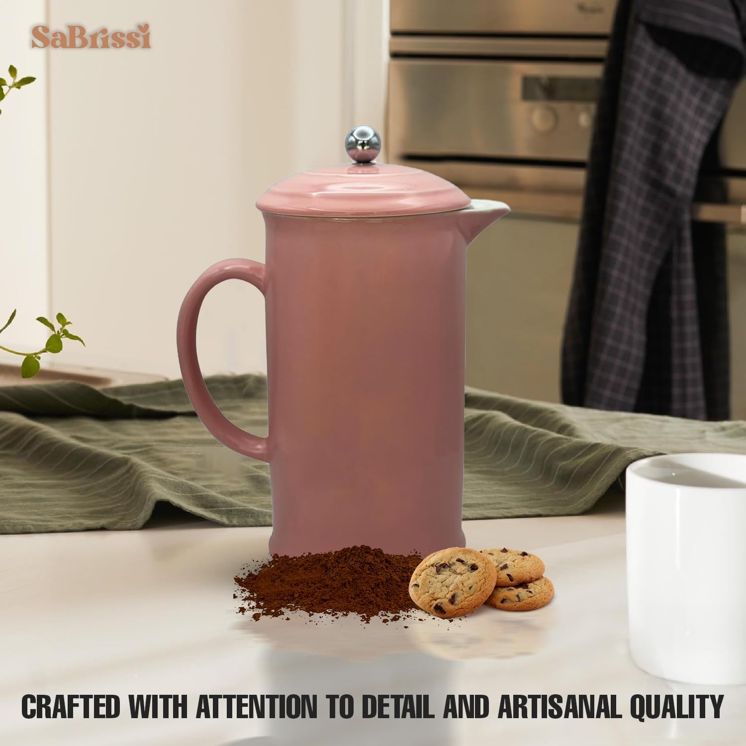 Cafetera de prensa francesa, cerámica vintage, 34 onzas, con aislamiento, retención de calor, apta para lavavajillas (rosa)