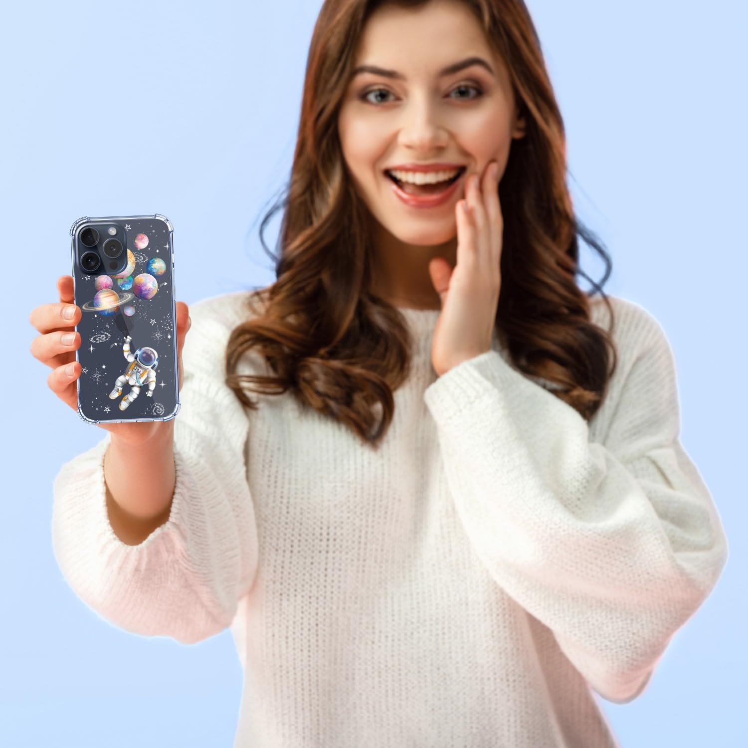 Hi Space Compatible con iPhone 15 Pro Max, funda de astronauta, planeta, estrella espacial, luna con purpurina, transparente para mujeres y hombres,