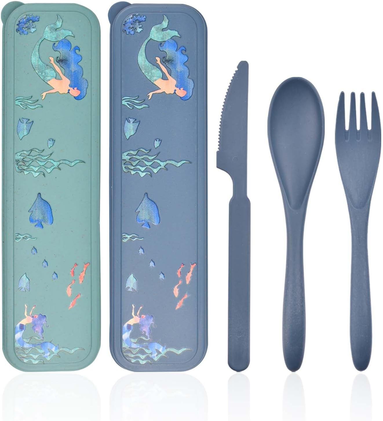 Juego de utensilios reutilizables con estuche, juego de 2 utensilios de camping, cuchara de plástico portátil, tenedores, juego de cubiertos