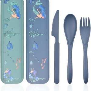Juego de utensilios reutilizables con estuche, juego de 2 utensilios de camping, cuchara de plástico portátil, tenedores, juego de cubiertos Juego de utensilios reutilizables con estuche, juego de 2 utensilios de camping, cuchara de plástico portátil, tenedores, juego de cubiertos