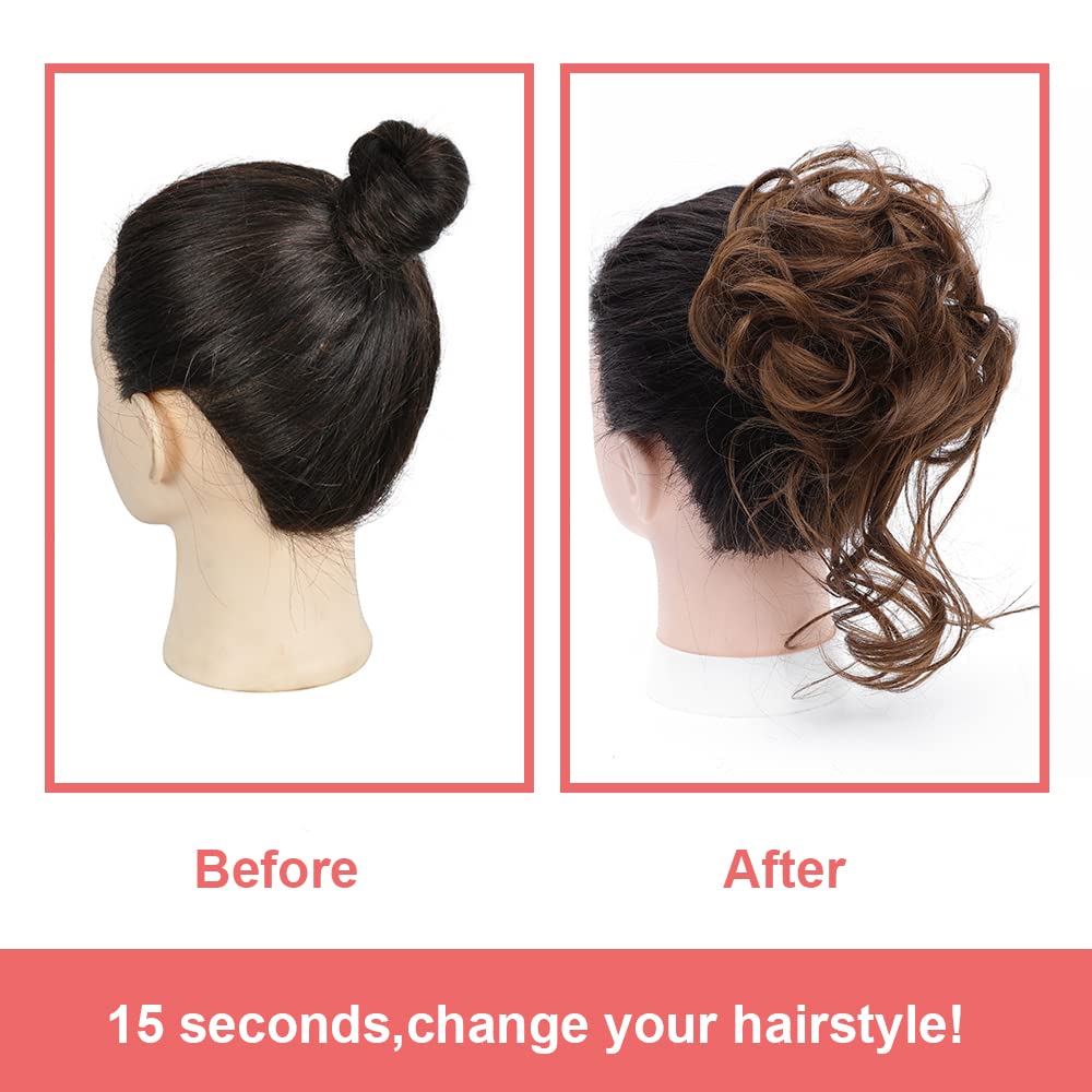 KETHBE Moño desordenado, extensión de moño despeinado, extensión de moños, banda elástica para el cabello, moño rizado para mujeres (marrón castaño)