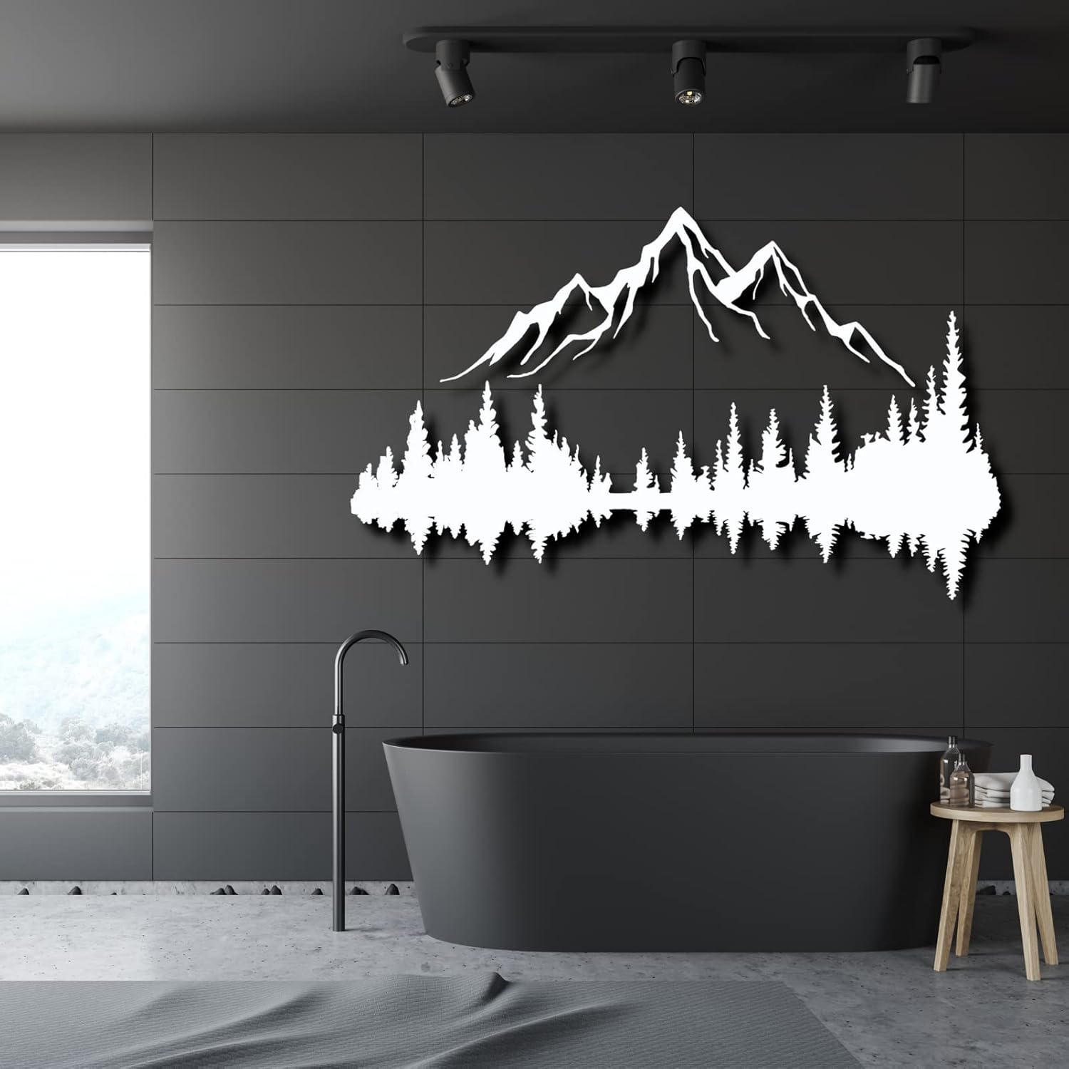 Arte de pared de metal de montaña y bosque, decoración de pared de metal de colinas y árboles, decoración de naturaleza y bosque, decoración de