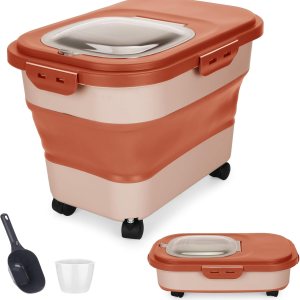 ShineMe Contenedor plegable de comida para perros de 20 libras, caja de almacenamiento de alimentos para mascotas con tapa y ruedas, taza medidora y ShineMe Contenedor plegable de comida para perros de 20 libras, caja de almacenamiento de alimentos para mascotas con tapa y ruedas, taza medidora y