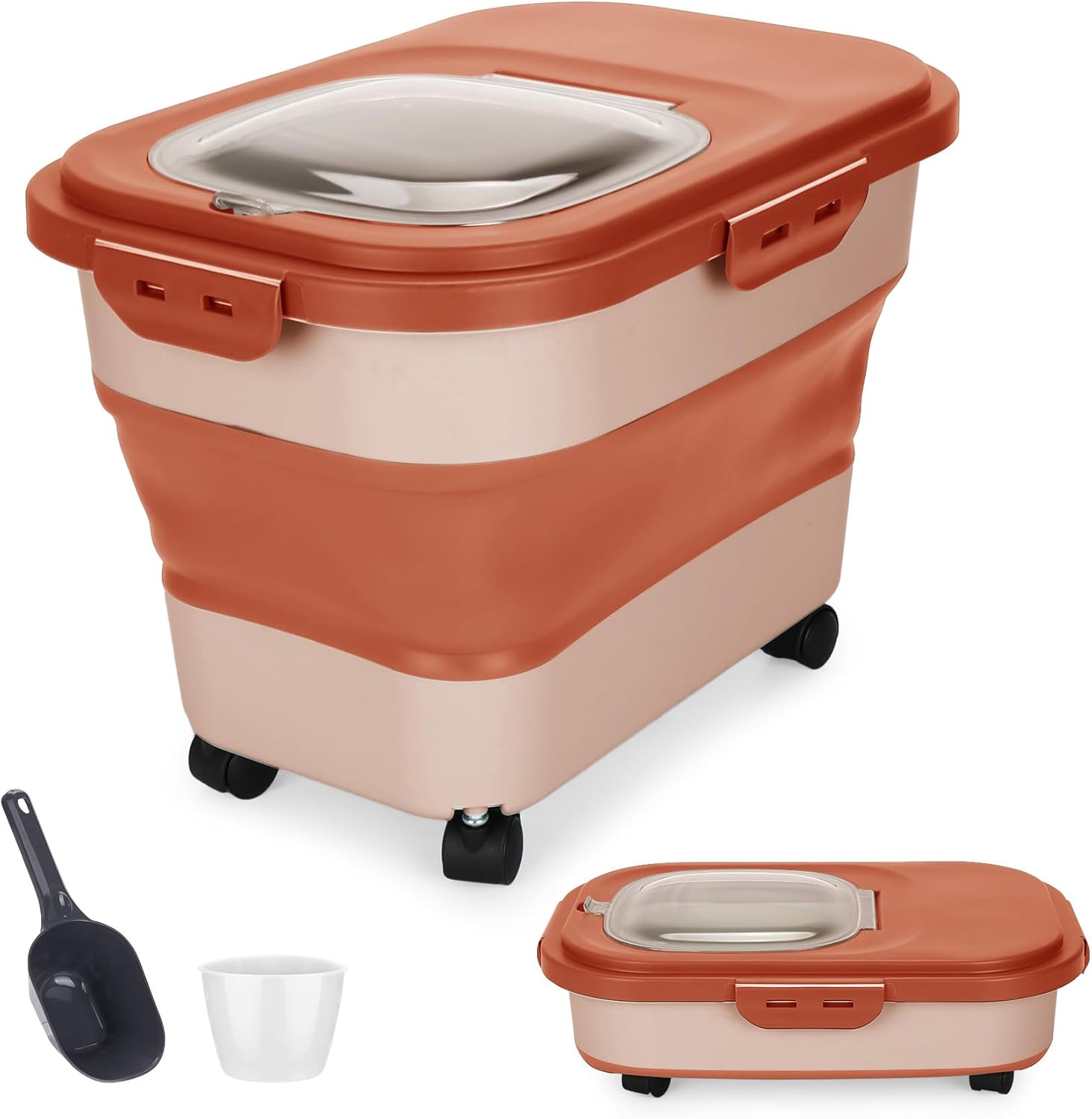 ShineMe Contenedor plegable de comida para perros de 20 libras, caja de almacenamiento de alimentos para mascotas con tapa y ruedas, taza medidora y