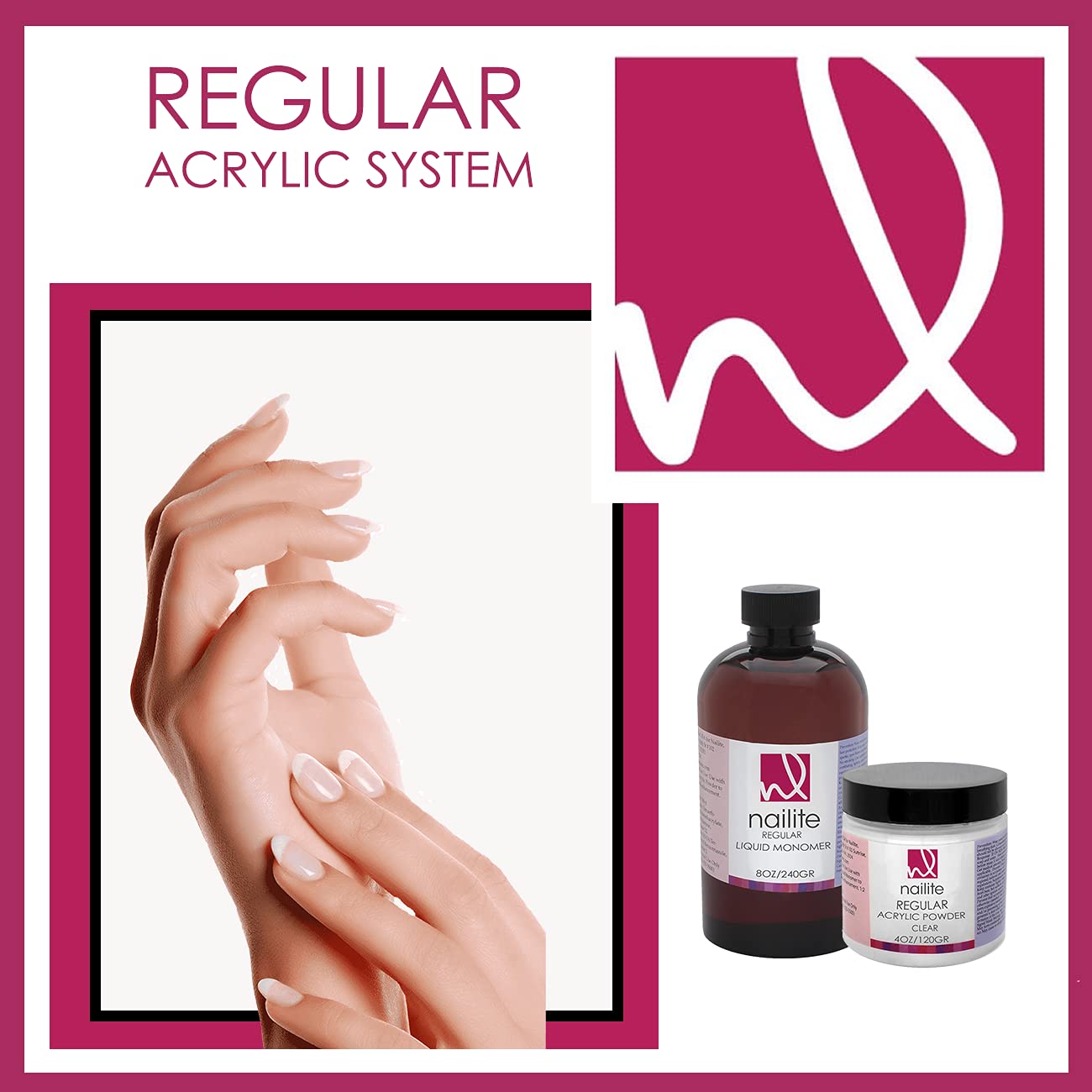 Nailite Regular – Polvo acrílico profesional para extensión de uñas, sistema de ajuste lento, fórmula EMA y efecto no amarillento, transparente (8