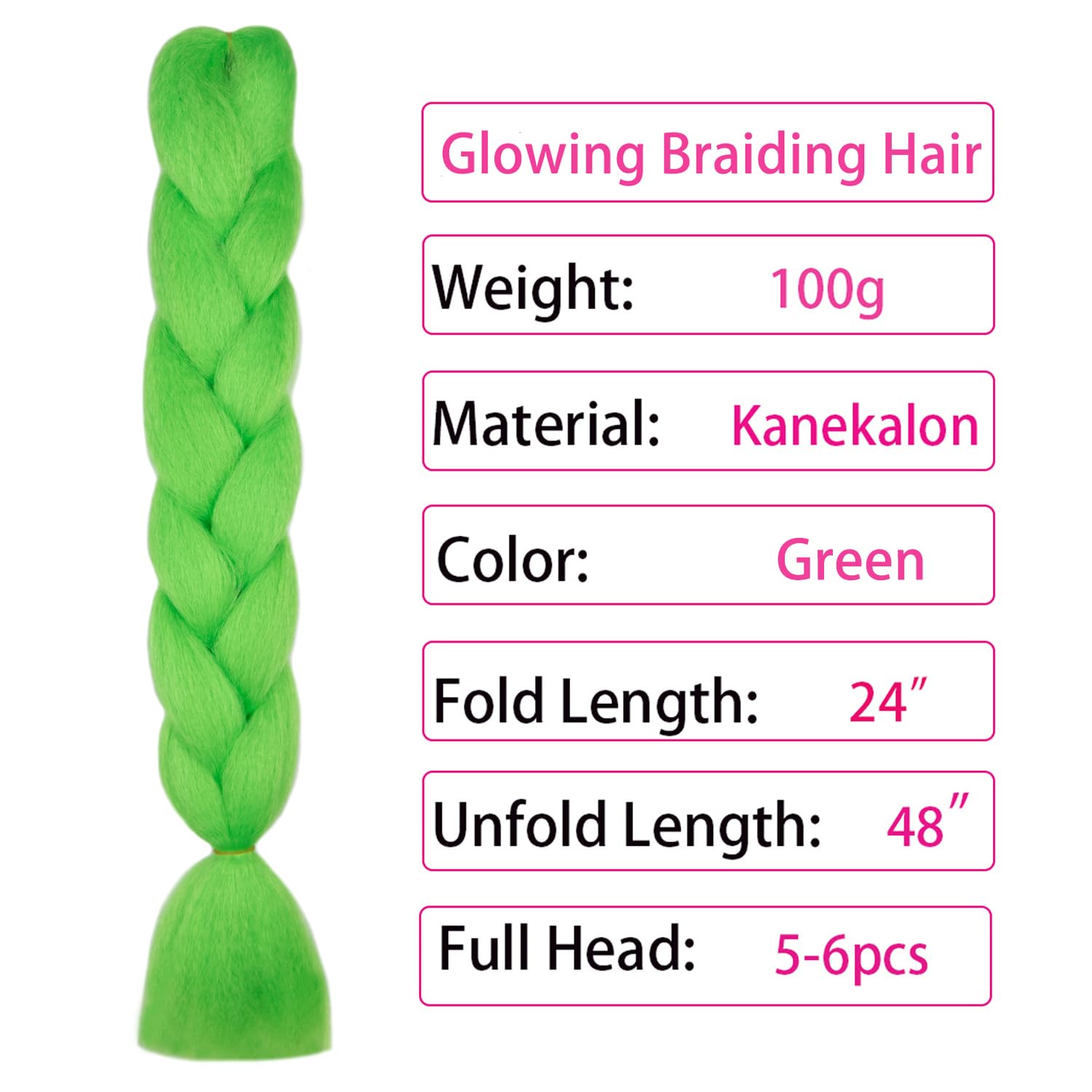 Extensiones de cabello trenzado Kanekalon verde lima que brilla en la oscuridad, 24 pulgadas, 3 piezas, sin nudos, jumbo, trenzas de caja, cabello