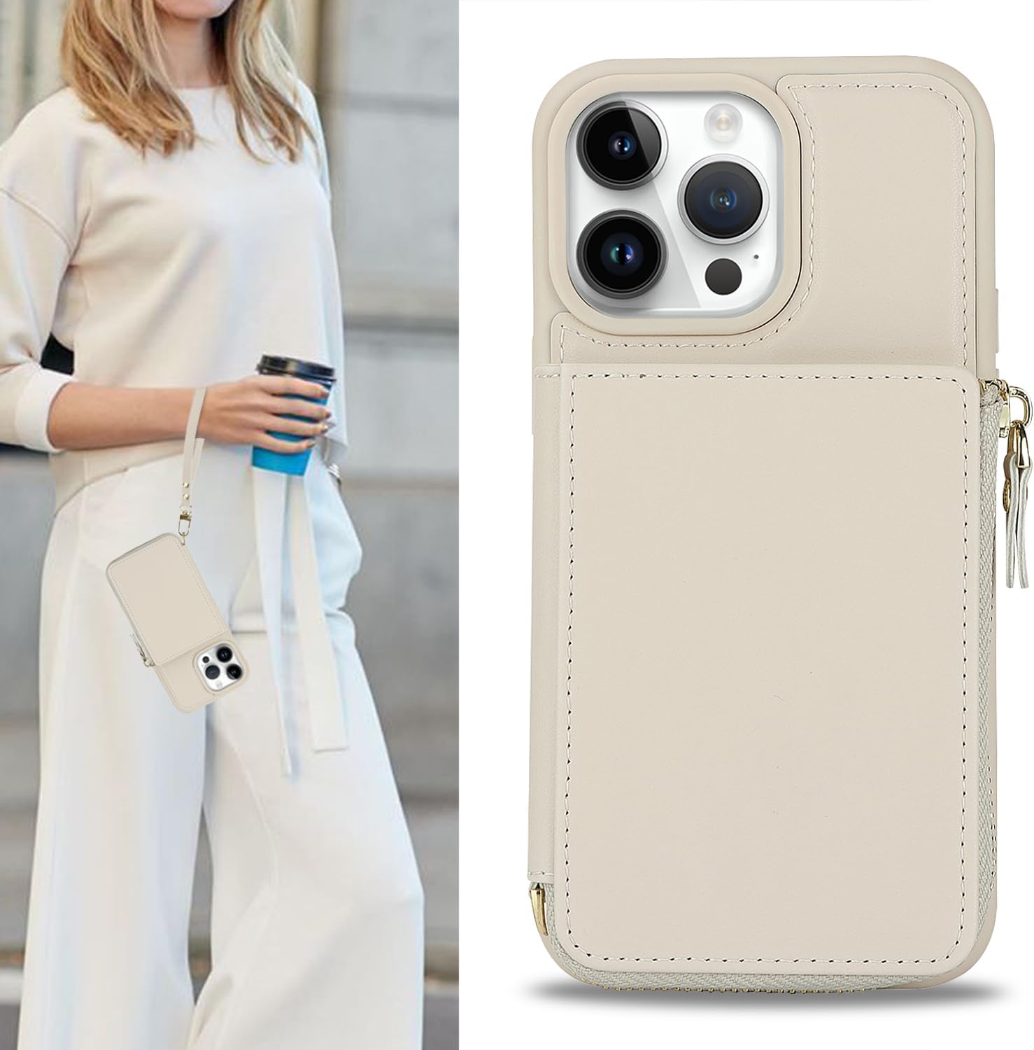 Funda para iPhone 14 Pro Max con tarjetero con cremallera para mujer, iPhone 14 Pro Max, cartera con tarjeta de crédito con anillo y soporte de