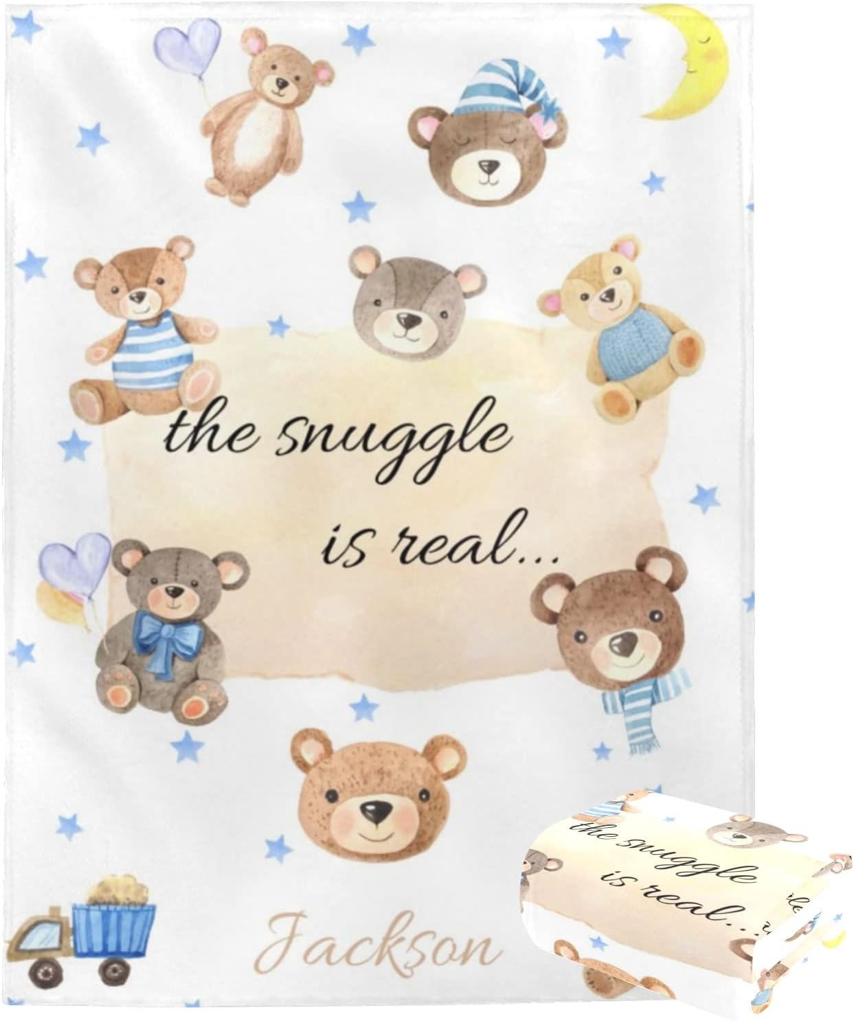 Eyesoul Manta de bebé con nombre, manta personalizada con patrón de oso para niños, regalos personalizados para cama de niños, manta súper suave