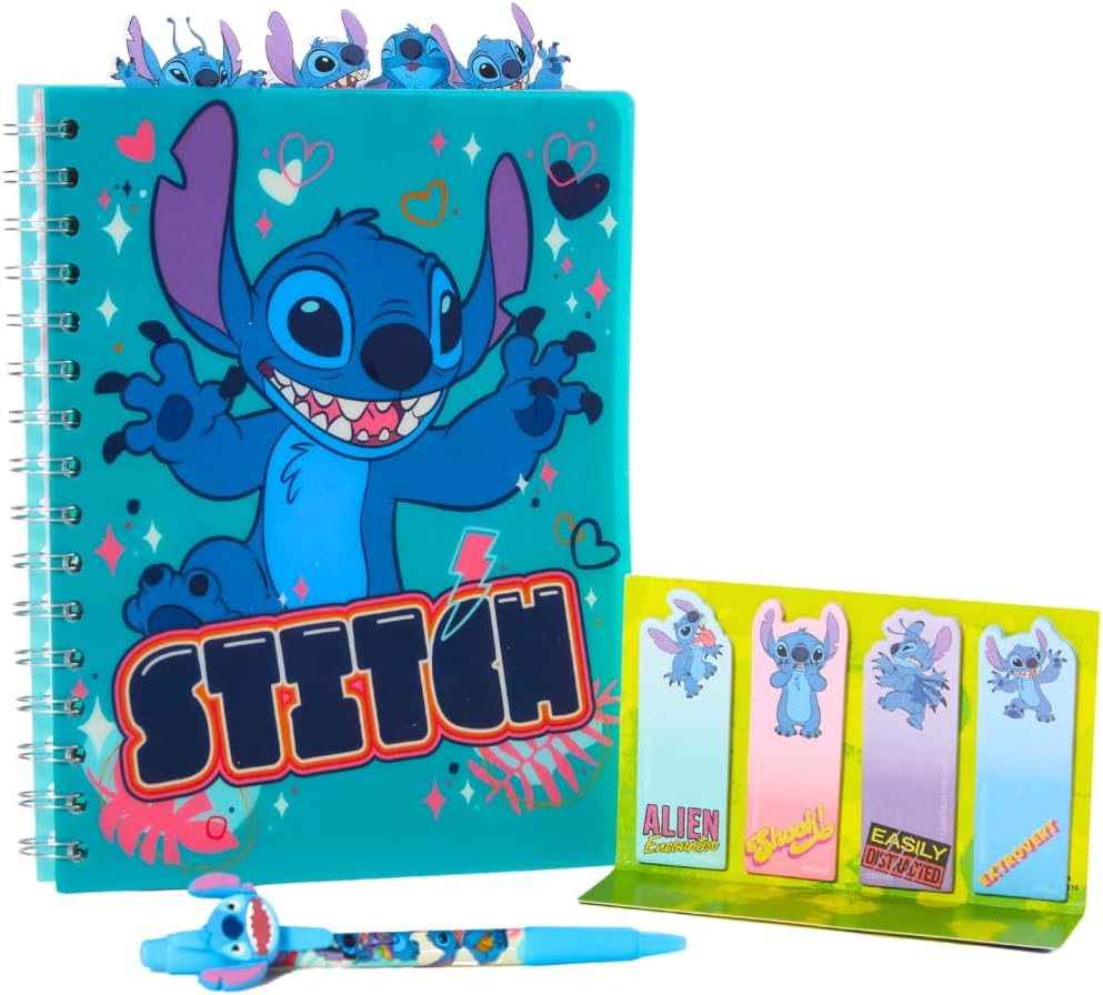 Innovative Designs Disney Stitch – Cuaderno en espiral, bolígrafo, pestañas adhesivas, 96 páginas rayadas, color azul