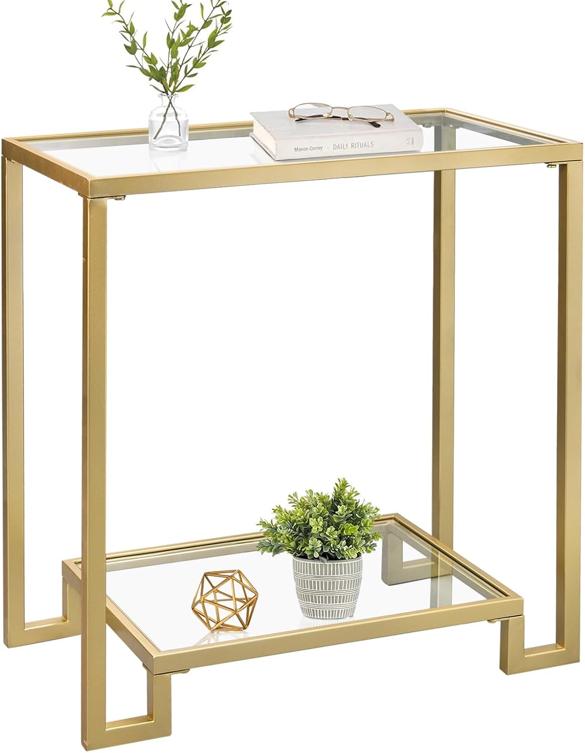 Mesa auxiliar rectangular de 2 niveles, mesa auxiliar dorada con parte superior de cristal, mesa de centro moderna de metal transparente, mesa