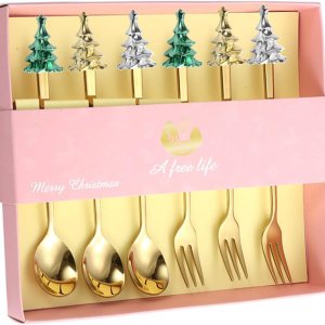 Juego de 6 cucharas de Navidad y tenedores con árbol de Navidad creativo, cucharas de acero inoxidable para café, postre, té, sopa, cucharas para Juego de 6 cucharas de Navidad y tenedores con árbol de Navidad creativo, cucharas de acero inoxidable para café, postre, té, sopa, cucharas para