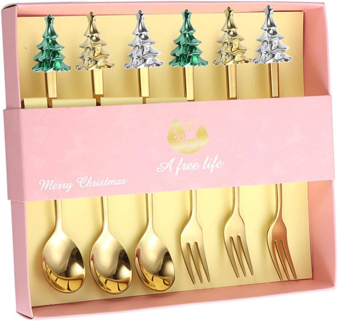 Juego de 6 cucharas de Navidad y tenedores con árbol de Navidad creativo, cucharas de acero inoxidable para café, postre, té, sopa, cucharas para