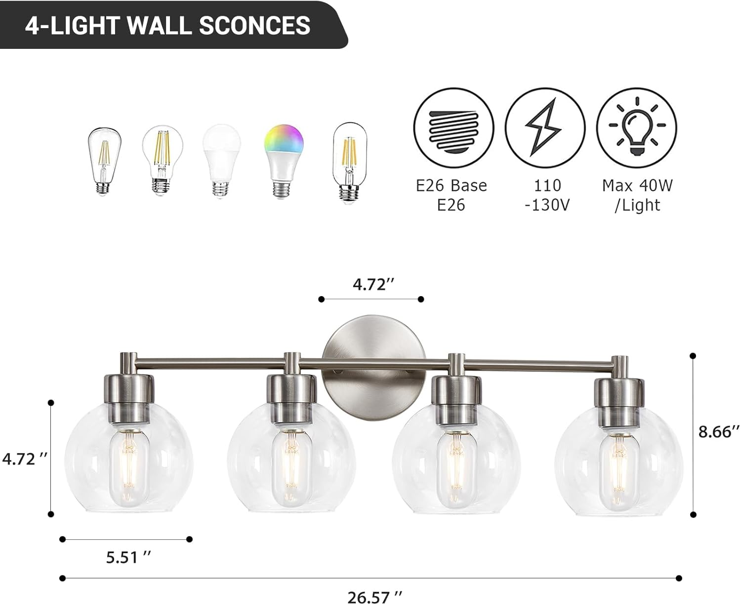 Lámparas de baño, 4 luces de tocador de baño, acabado redondo de níquel cepillado, luces de tocador de baño con pantallas de vidrio transparente de