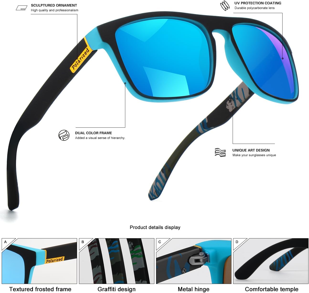 Lentes de sol polarizados para hombres y mujeres, para conducir, deportes, senderismo, gafas de sol, montura cuadrada clásica, protección UV400