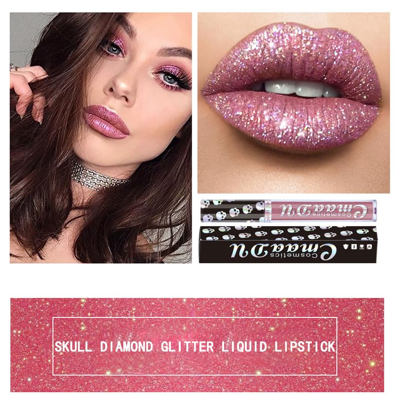 AKARY Lápiz labial líquido brillante de larga duración, diseño de calavera de diamante metálico con purpurina brillante, acabado brillante, brillo
