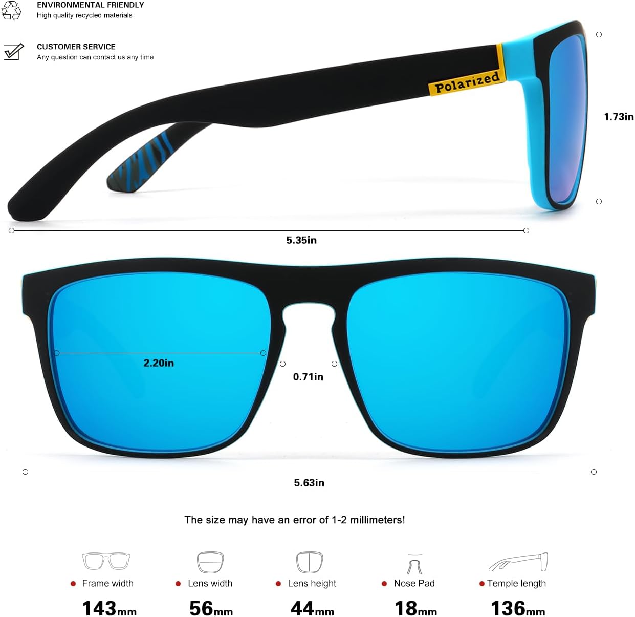Lentes de sol polarizados para hombres y mujeres, para conducir, deportes, senderismo, gafas de sol, montura cuadrada clásica, protección UV400