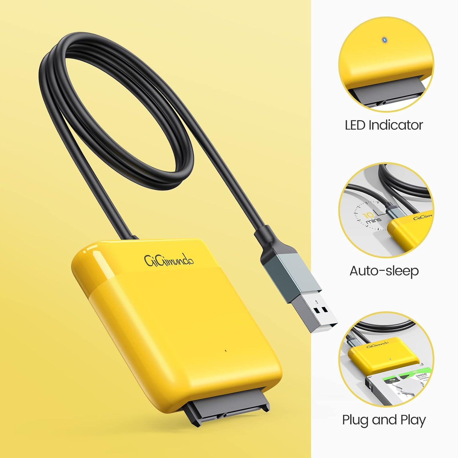 Adaptador SATA a USB 2.0, cable SATA a USB de 1 pie para SSD y HDD de 2.5 pulgadas compatible con UASP, convertidor externo para transferencia de
