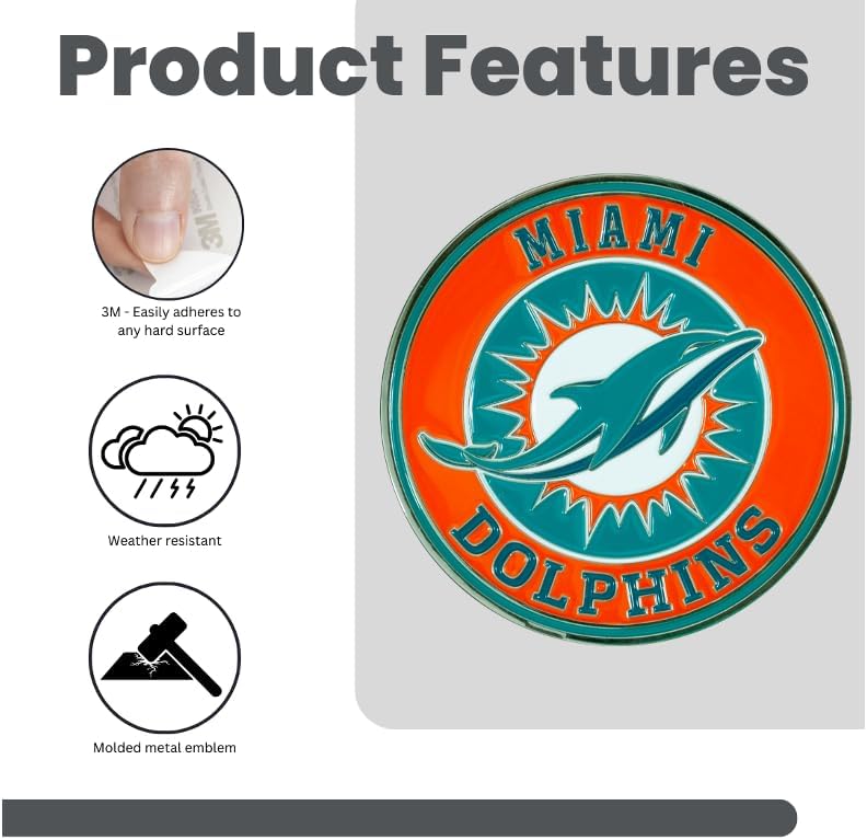 FANMATS – Emblema de metal 3D de los Miami Dolphins NFL para todo tipo de clima, para uso en interiores y exteriores, fácil instalación de despegar