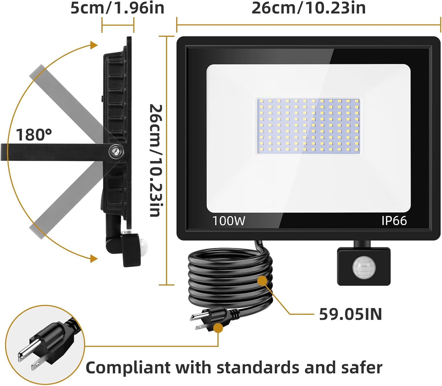 Paquete de 2 luces de inundación LED de 100 W, sensor de movimiento al aire libre, 10000 lm, 6500 K, luces de seguridad, movimiento al aire libre,