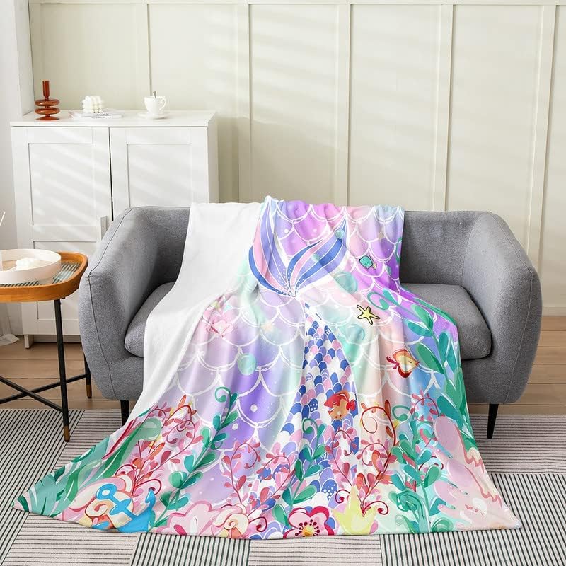 Feelyou Manta de felpa de sirena, para sofá y niños, vida oceánica, de franela de forro polar, juego de manta decorativa de escamas de peces para