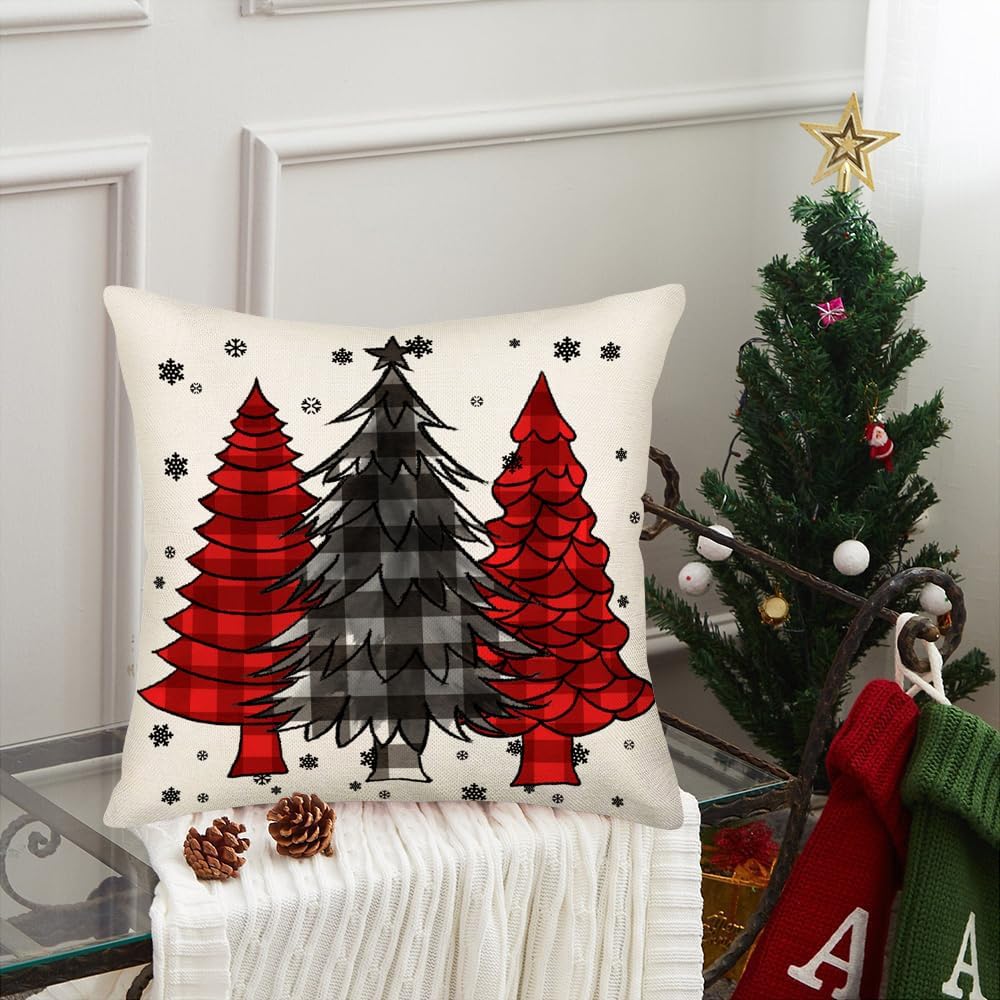 Fundas de almohada decorativas para árbol de Navidad de 20 x 20 pulgadas, color rojo y negro, a cuadros, copos de nieve, funda de almohada
