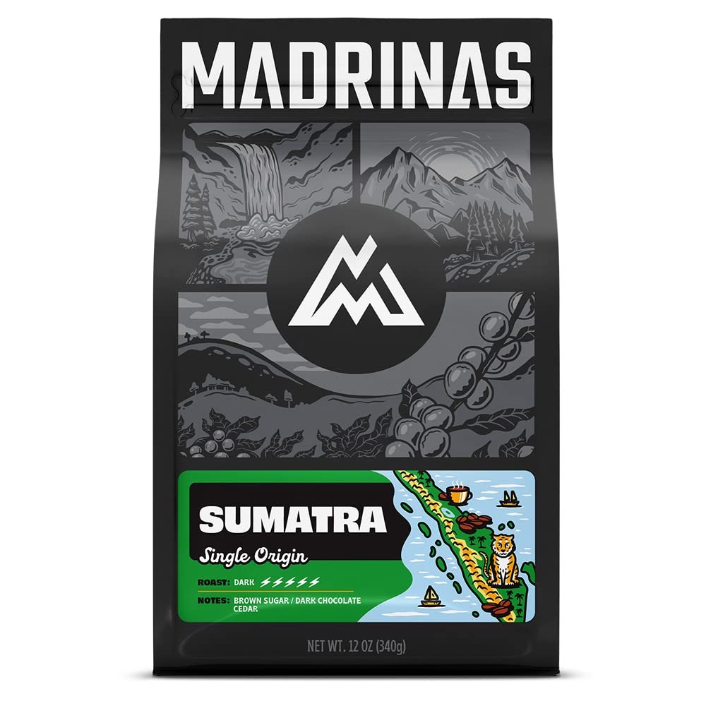 Madrinas  Café Sumatra de origen único – Tostado oscuro  Grano entero de 12 onzas