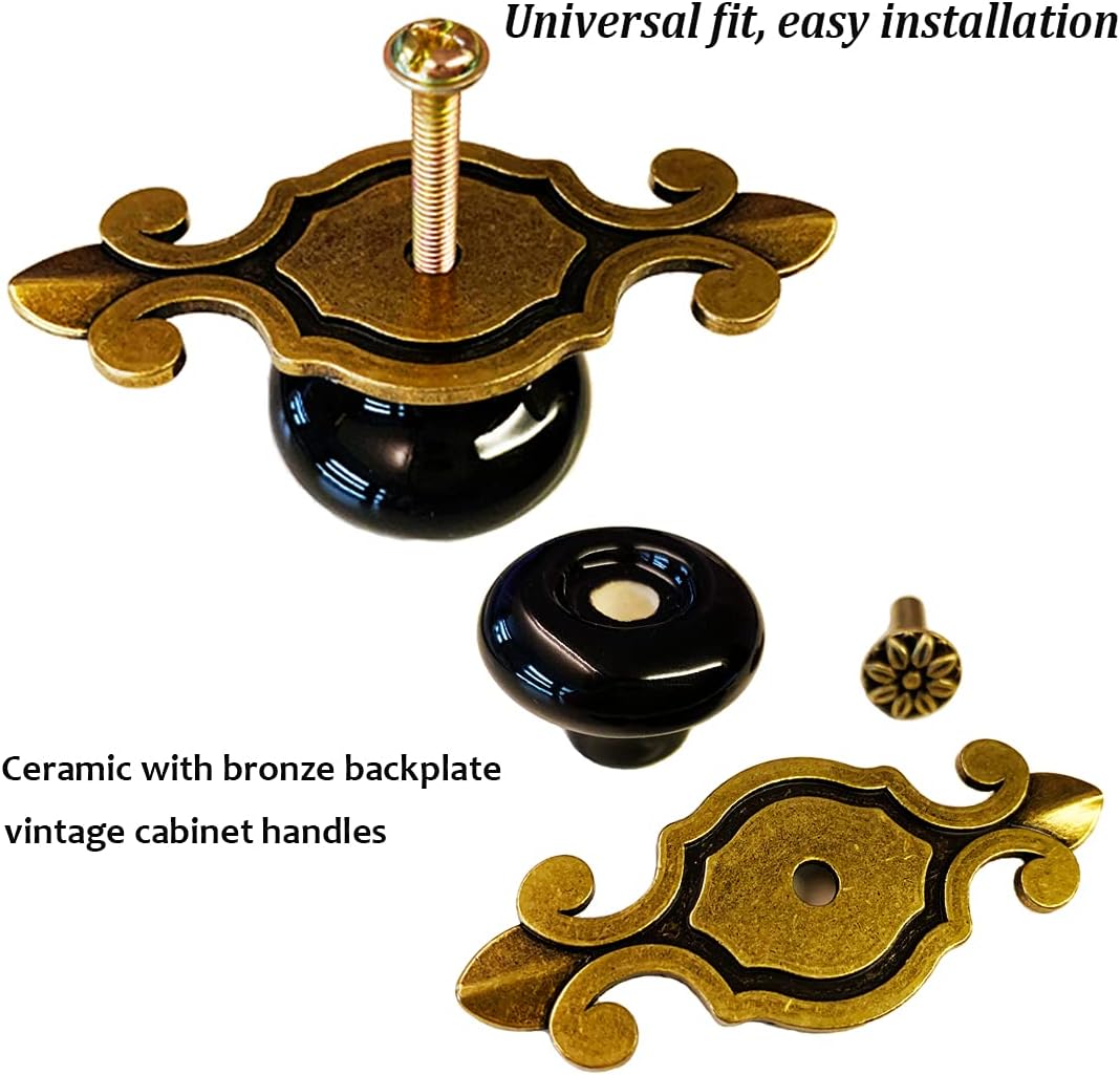 Pomos de cerámica para gabinete, 4 unidades Perillas vintage elegantes para cajones de vestir con placa trasera de bronce, manijas decorativas para