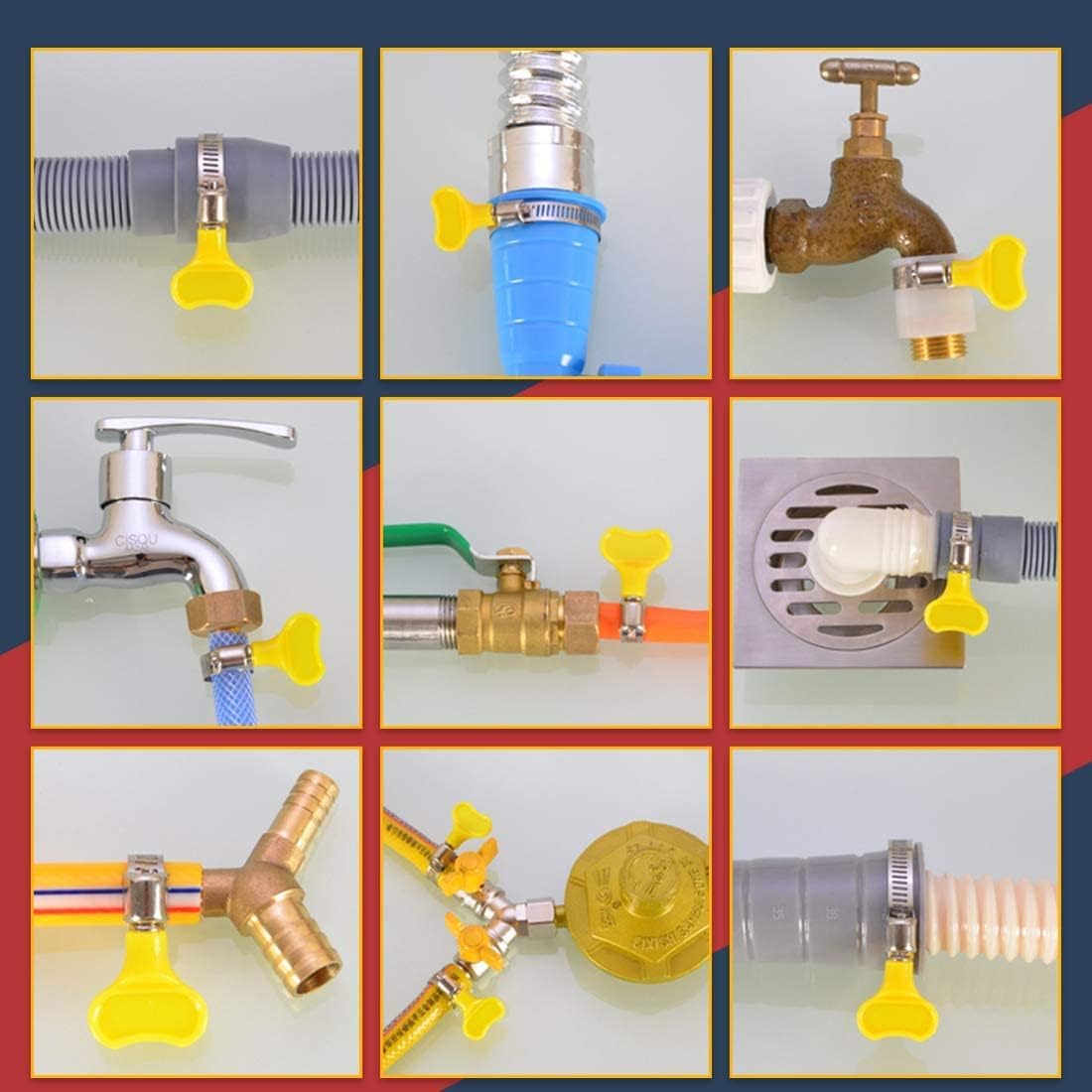 Paquete de 14 abrazaderas de manguera de acero inoxidable amarillas, abrazaderas de tornillo de pulgar ajustables, tamaño de 25″-58″ (0.394-0.630