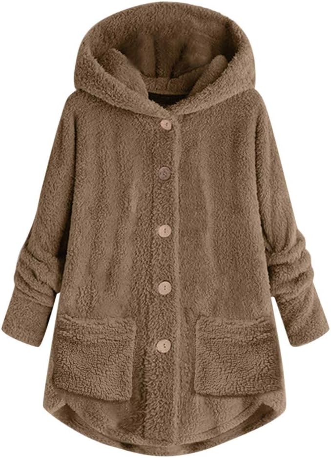 SNKSDGM Chaqueta de forro polar mullido para mujer, con capucha, botones, de longitud media, suave, lanudo y con bolsillos