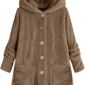 SNKSDGM Chaqueta de forro polar mullido para mujer, con capucha, botones, de longitud media, suave, lanudo y con bolsillos SNKSDGM Chaqueta de forro polar mullido para mujer, con capucha, botones, de longitud media, suave, lanudo y con bolsillos