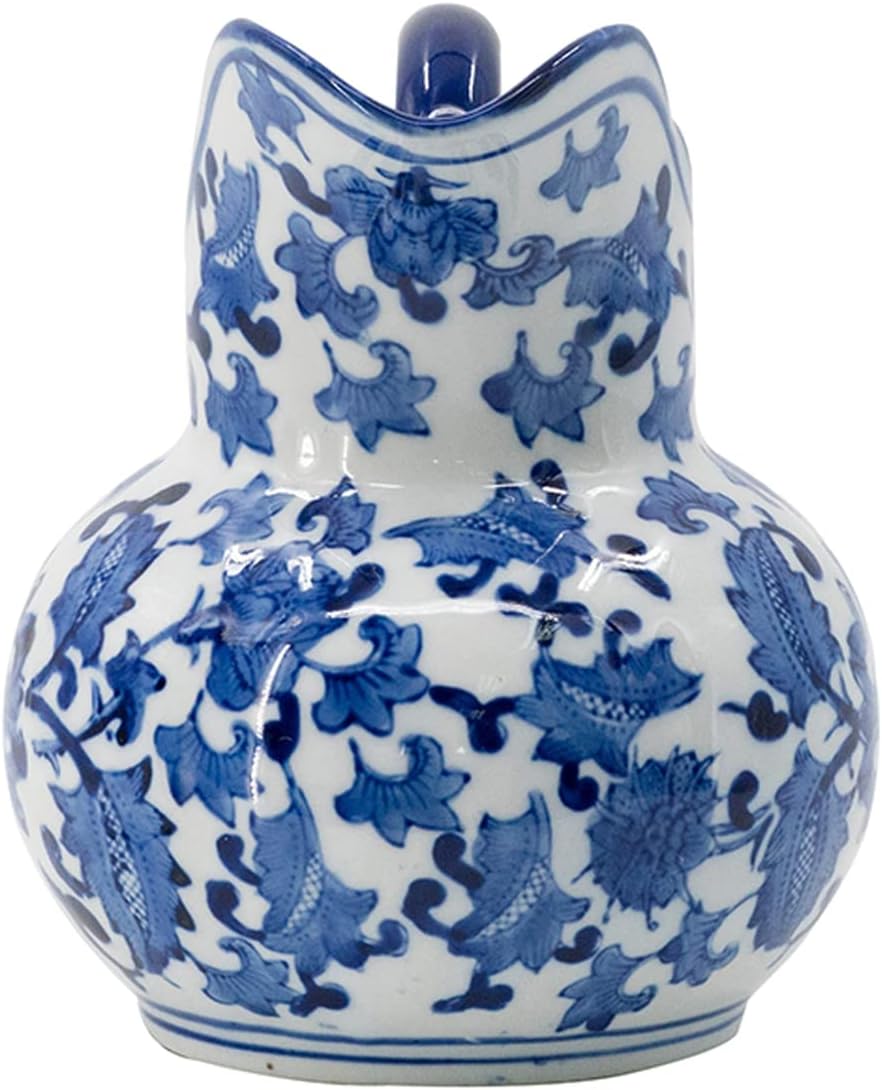 A&B Home – Jarra de cerámica con asa, jarra de crema de leche de café para cocina, tarro de porcelana azul y blanca con patrón de flores, 9 x 6 x 8