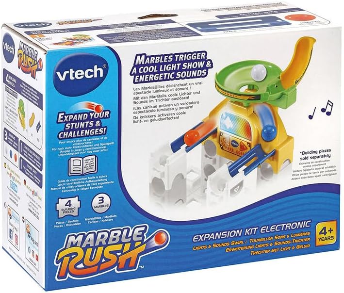 VTech – Marble Rush, circuito electrónico de bolas de expansión Tourbillon sonidos y luces, juego de construcción, 4 piezas, 3 bolas, regalo para