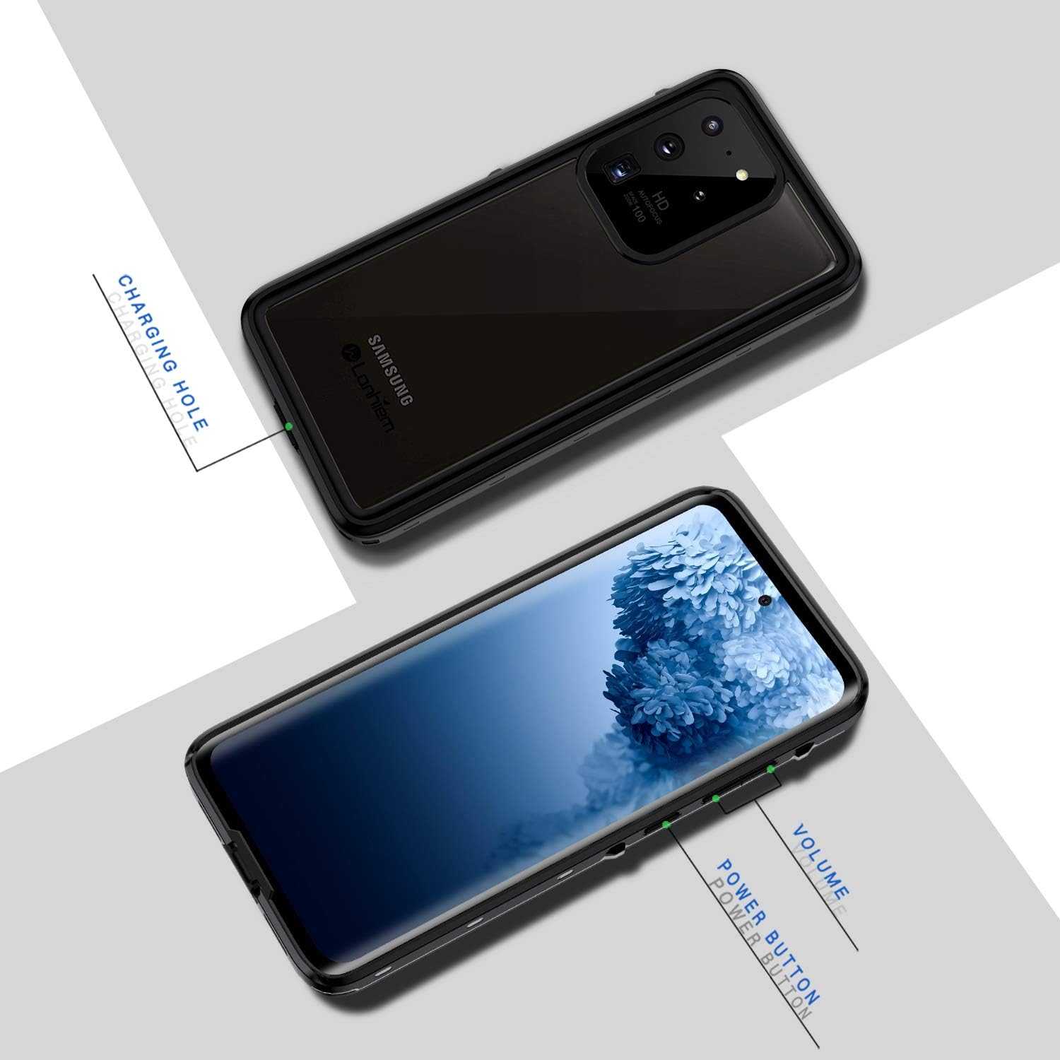 Lanhiem Funda para Galaxy S20 Ultra, protector de pantalla integrado IP68 impermeable a prueba de polvo, cuerpo completo, resistente, a prueba de