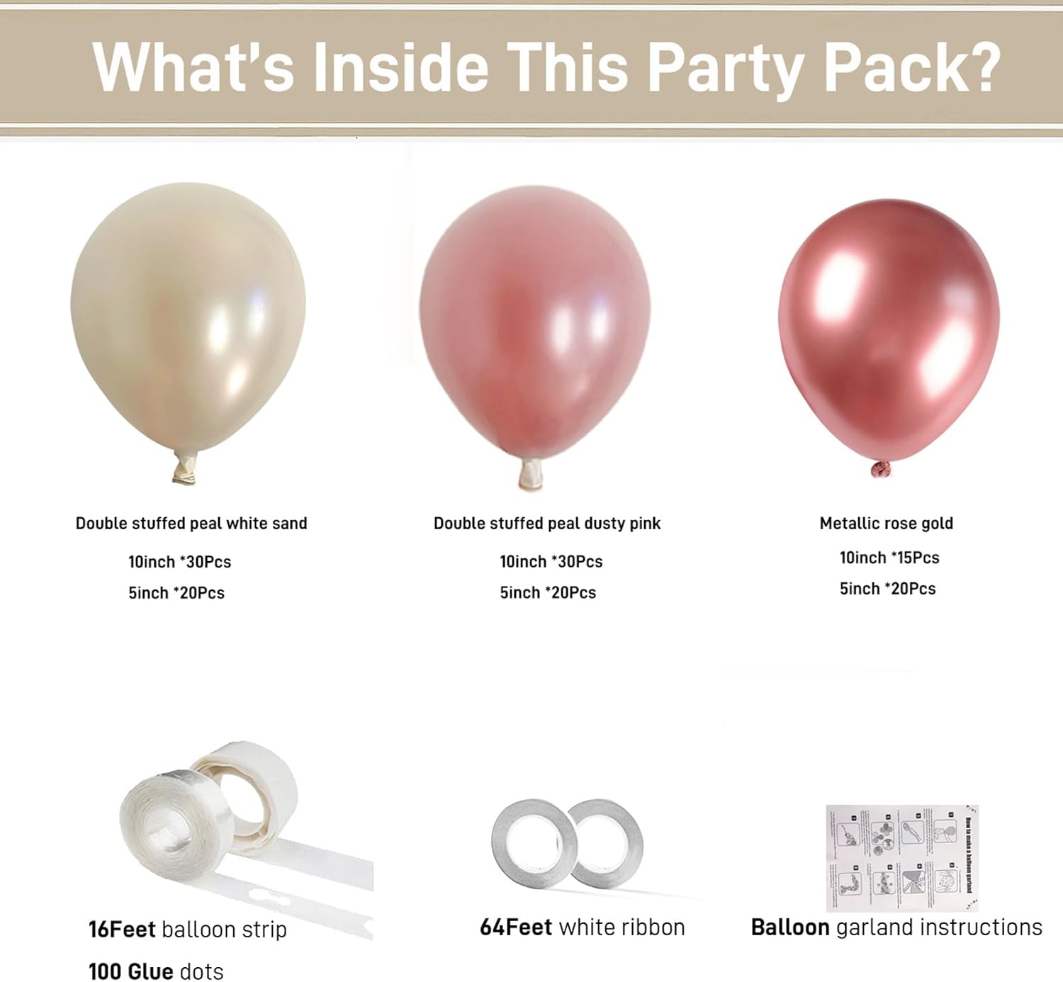 Guirnalda de globos de doble relleno blanco perla, color blanco arena, oro rosa, kit de arco de globos de diferentes tamaños para baby shower,