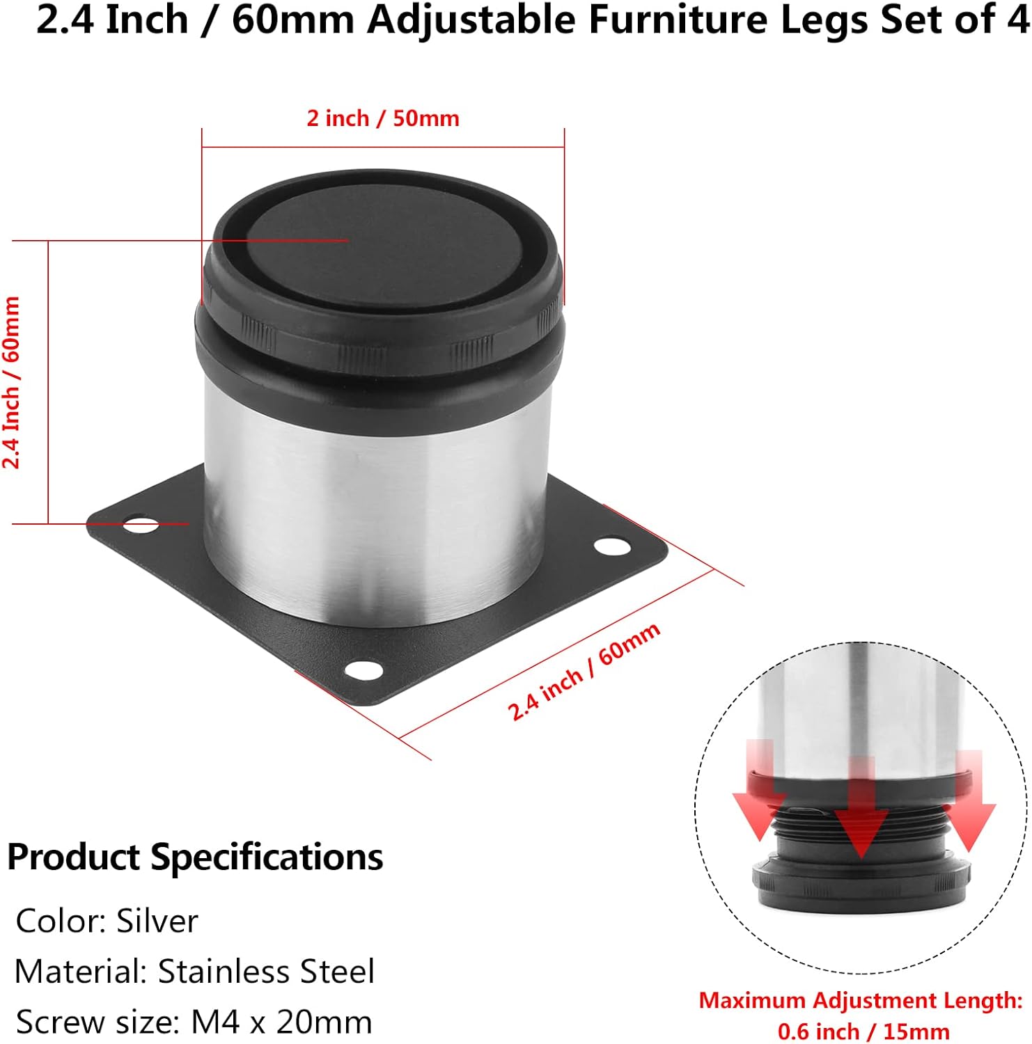 Qjaiune Patas ajustables para muebles de 2.4 pulgadas  2.362 in, juego de 4, patas redondas de metal de acero inoxidable de 2 pulgadas de diámetro,
