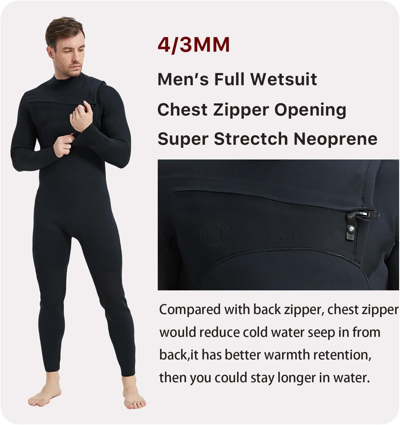Lemorecn Traje de neopreno súper elástico para hombre de 40.118 in y 30.079 in con cremallera en el pecho para hombres y mujeres