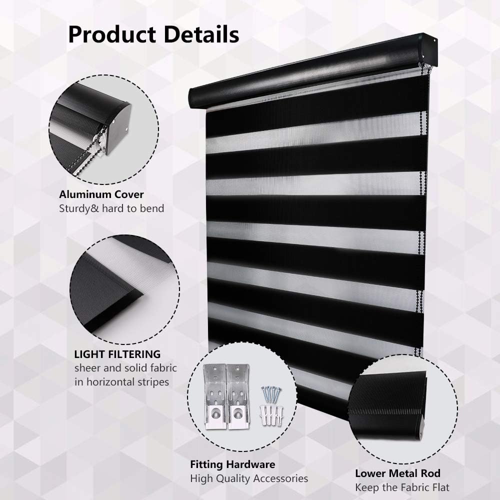 LUCKUP Zebra – Persianas enrollables dobles con cubierta de cenefa, cortinas para día y noche (40 pulgadas de ancho x 72 pulgadas de alto, negro)