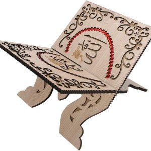 Soporte retro de madera para tallar el Corán, soporte para decoración del Corán, estante de libros de diamantes de imitación rojos para decoración Soporte retro de madera para tallar el Corán, soporte para decoración del Corán, estante de libros de diamantes de imitación rojos para decoración