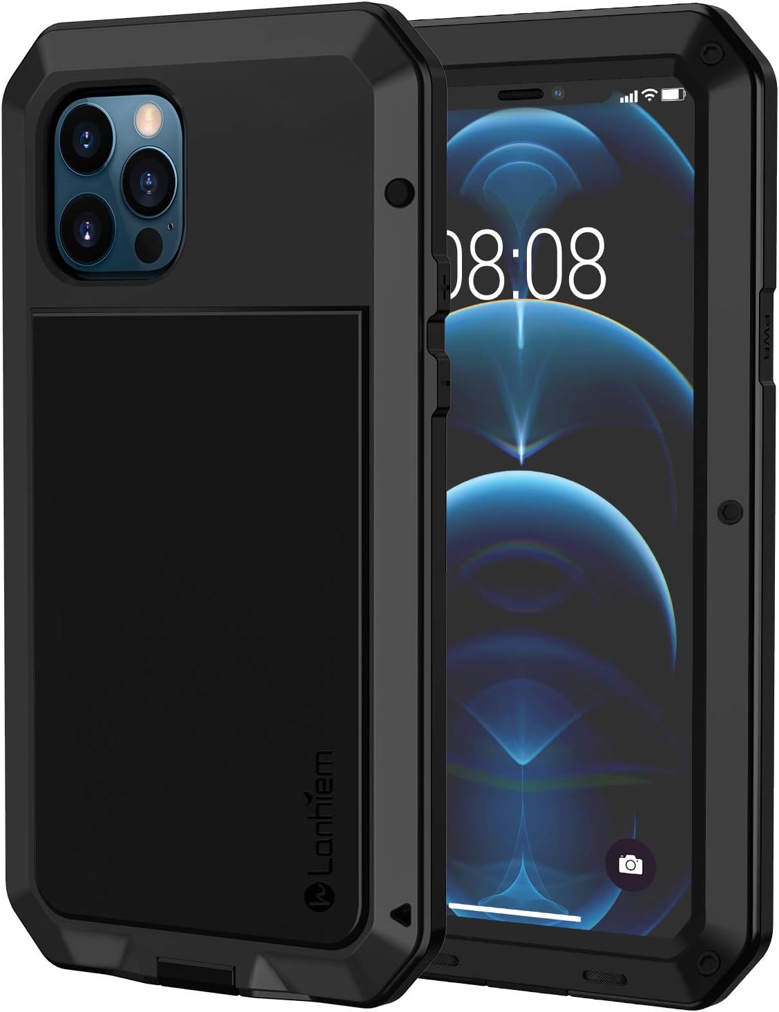 Lanhiem Funda de metal para iPhone 12, iPhone 12 Pro, resistente a los golpes, con protector de pantalla de vidrio integrado, funda protectora 360 a