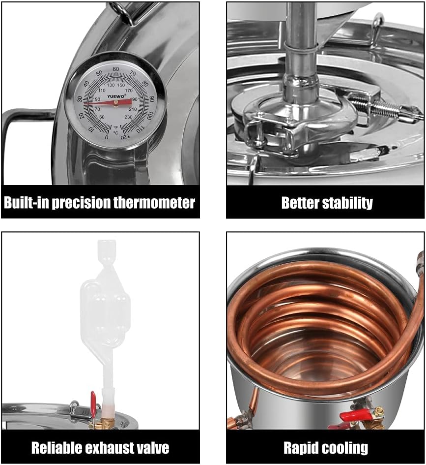 YUEWO Moonshine Todavía 3 macetas Destilador de alcohol Tubo de cobre Kit de elaboración de bebidas alcohólicas para bricolaje Whisky vino Brandy