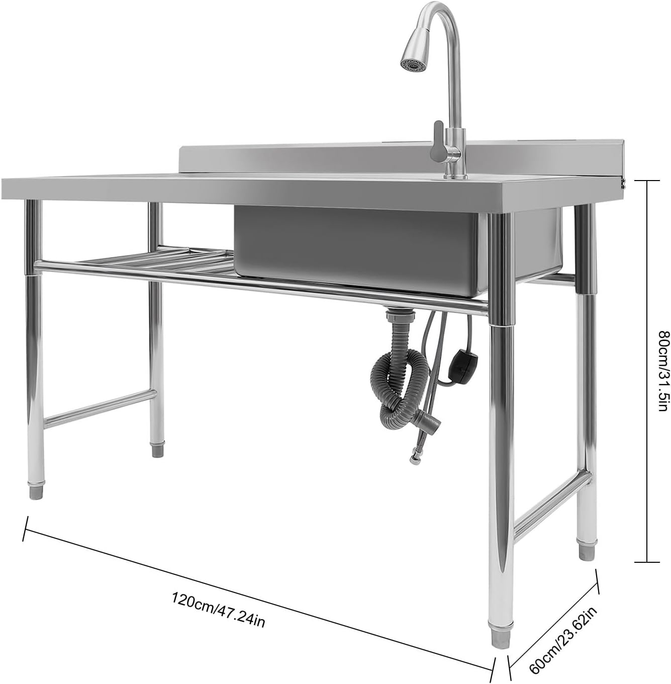 Fregadero de cocina comercial de 1 compartimento, fregadero de restaurante, tabla de drenaje de acero inoxidable con cuenco de drenaje grande y
