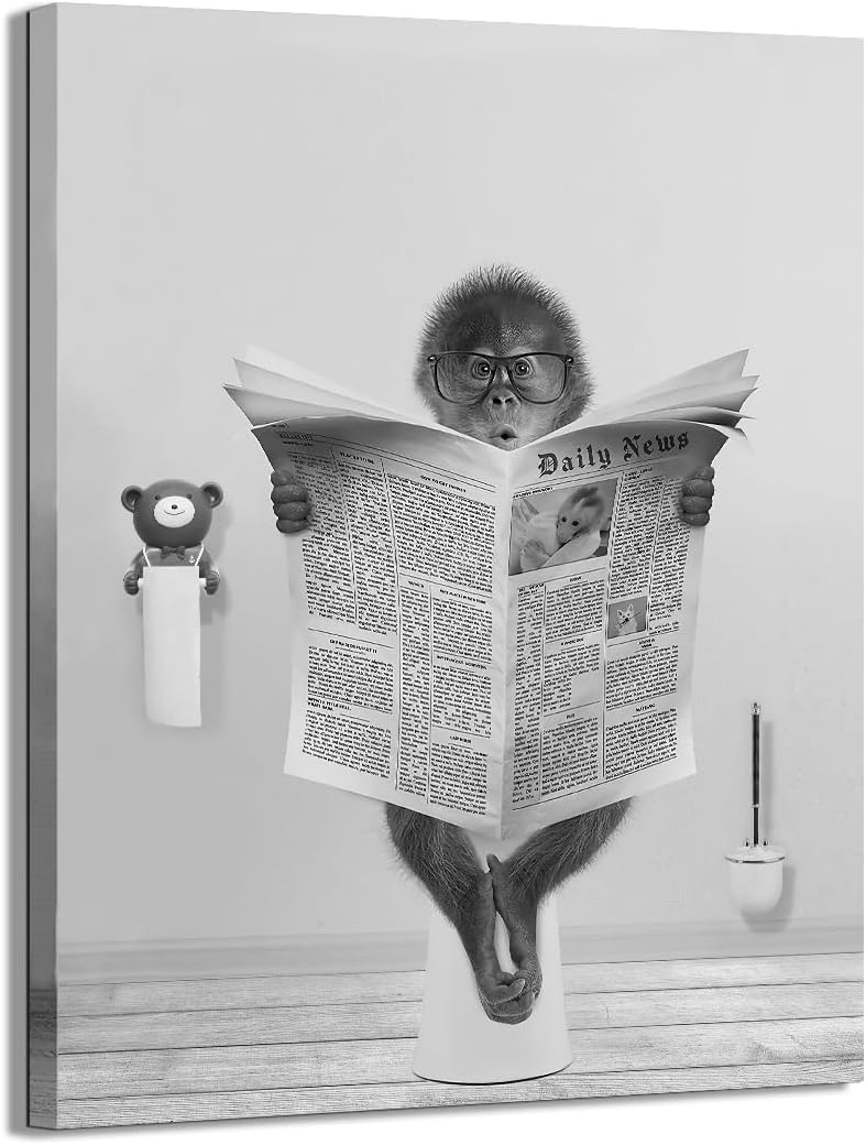 Decoración de baño de mono, imagen divertida de arte de pared de baño de mono, lienzo blanco y negro de mono bañándose en el baño, impresión