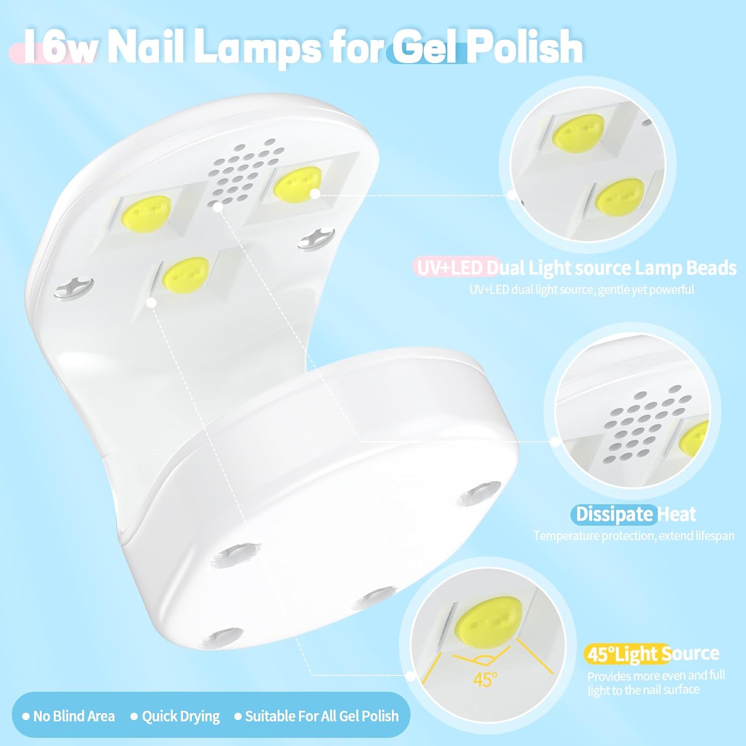 Luz UV para uñas, mini luz de curado de uñas, secador de uñas USB para secado rápido, lámpara de uñas LED UV de 16 W para uñas de gel, secador de