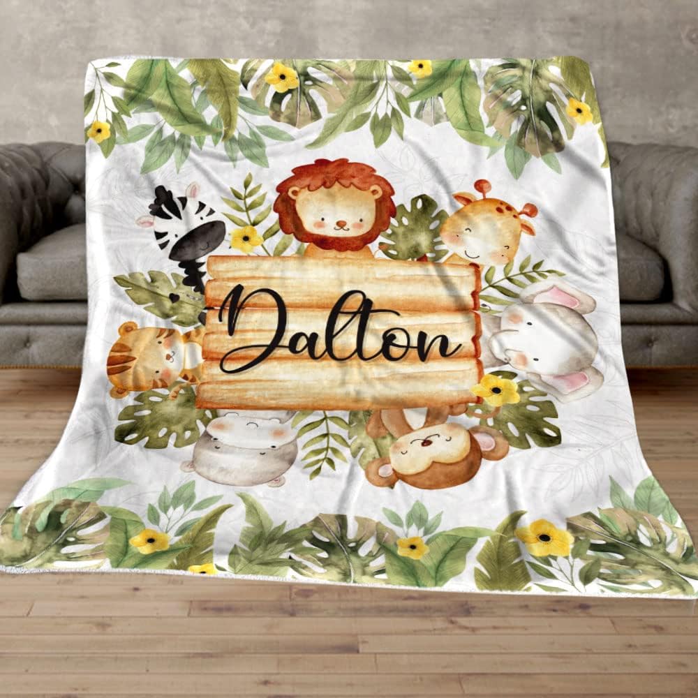 Manta personalizada con nombre, manta de safari personalizada de animales de la selva, regalo para recién nacidos, niños, niñas, niños, nieto,