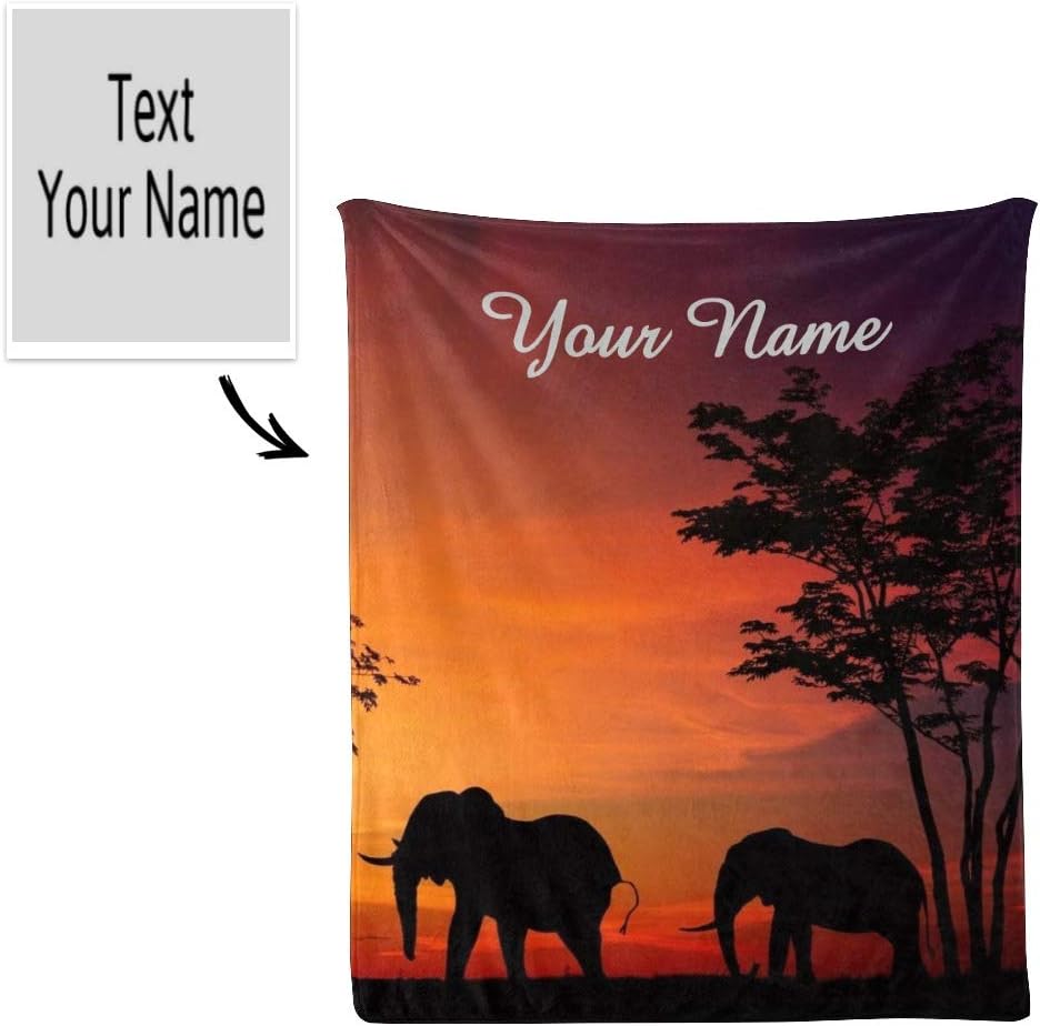 Manta personalizada con nombre y texto, manta de forro polar súper suave personalizada con diseño de elefante, para sofá, cama (50 x 60 pulgadas)